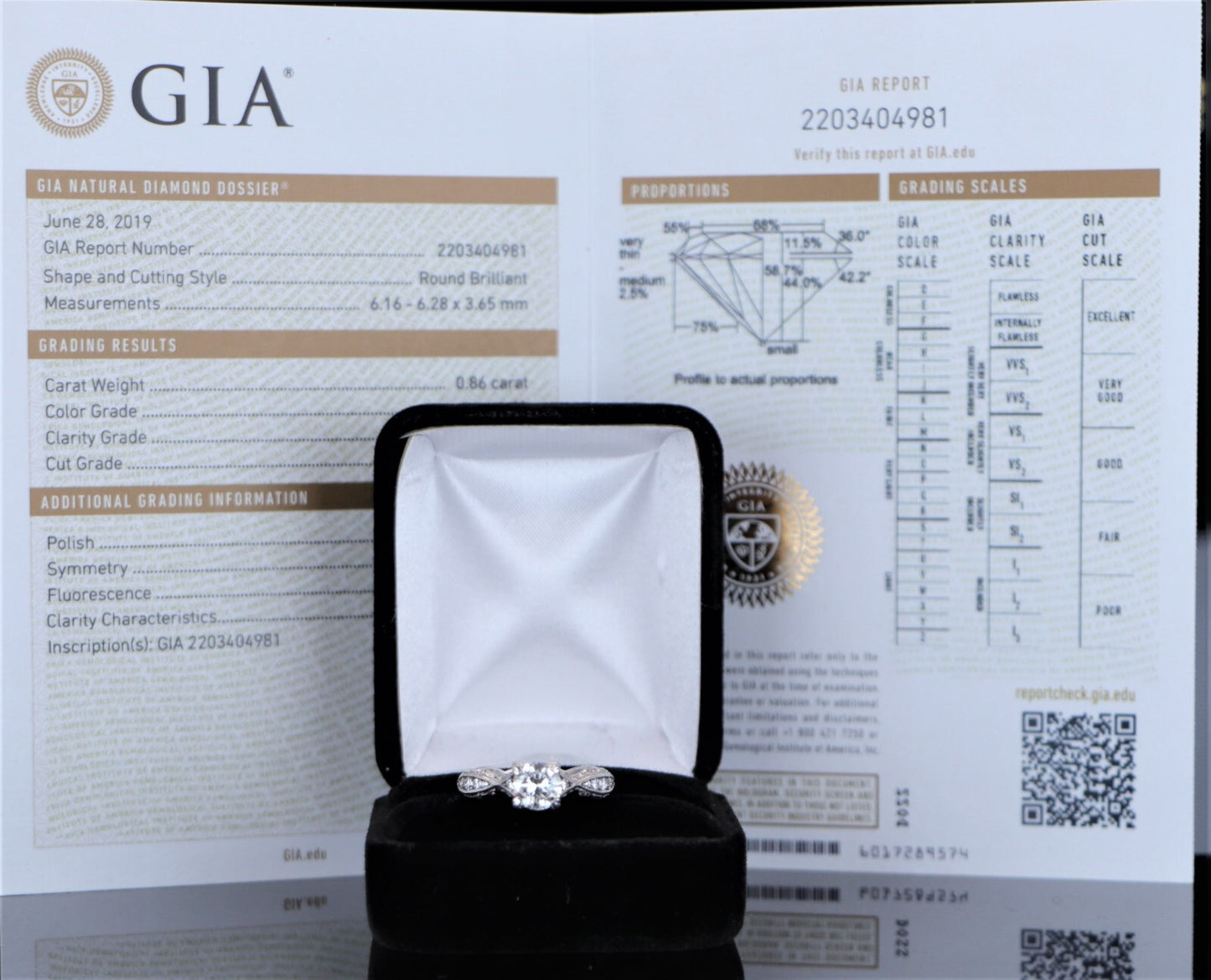 0.86ct Round Brilliant Diamond Crescent Engagement Ring — GIA Certified, 18k White Gold