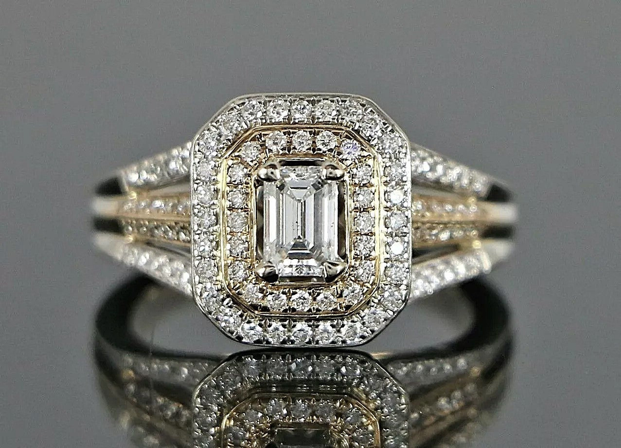 0.50ct Emerald Cut Diamond Double Halo Engagement Ring — GIA Certified, 14k White & Rose Gold