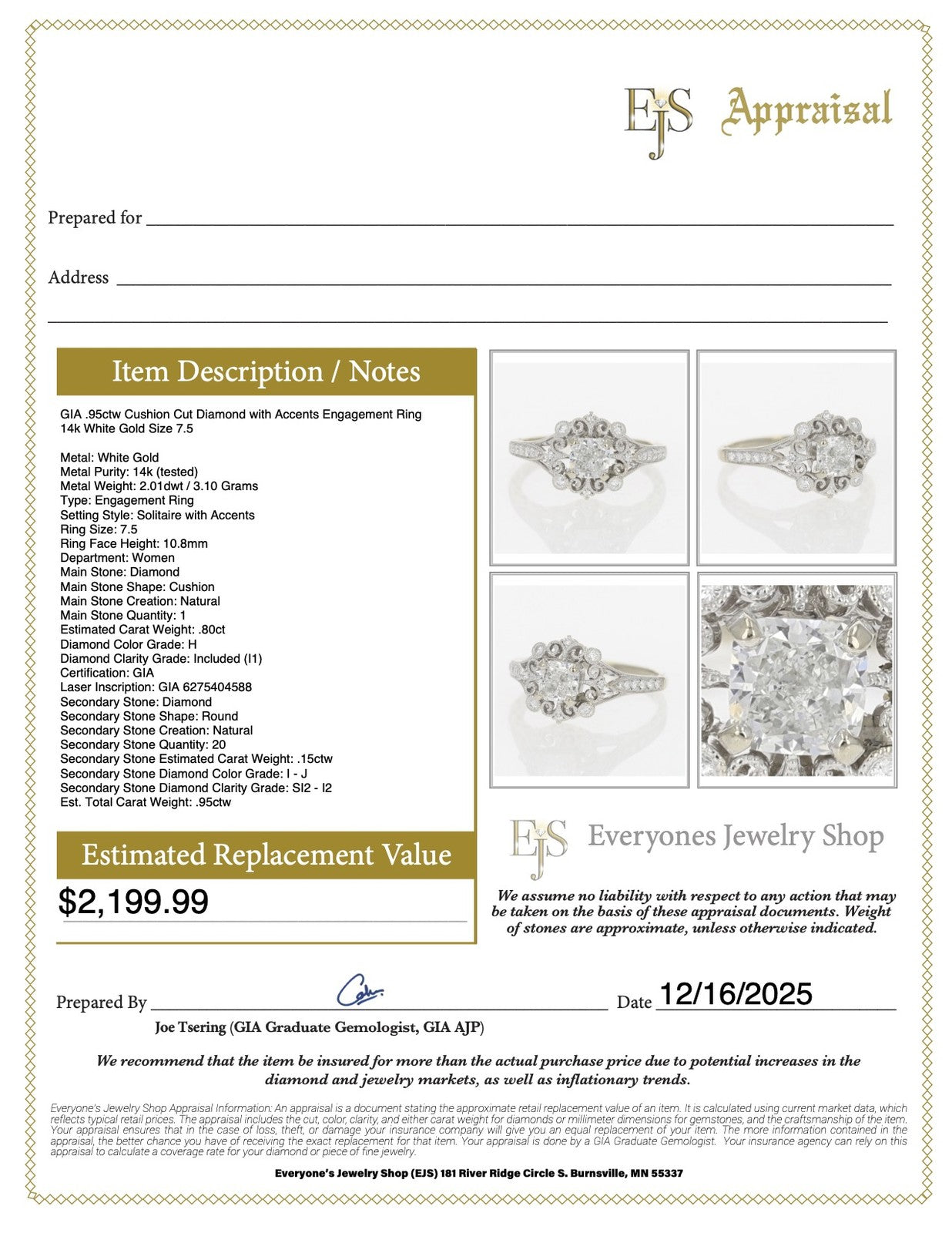 0.95ct Cushion Diamond Beaded Band Solitaire Ring — GIA Certified, 14k Yellow Gold
