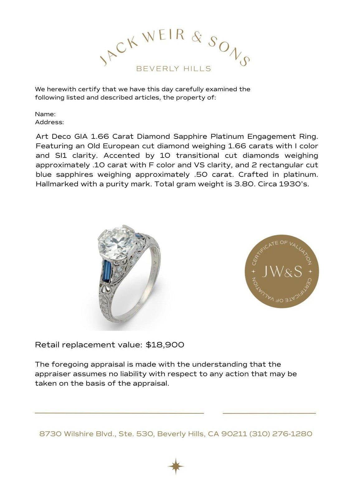 1.66ct Old European Cut Diamond Art Deco Ring — GIA Certified, Platinum