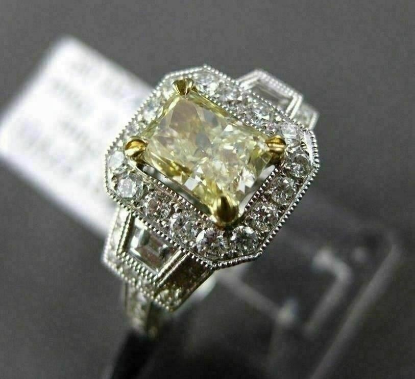 2.04ct Fancy Yellow Diamond 3-Stone Halo Ring — GIA Certified, 18k Two-Tone Gold