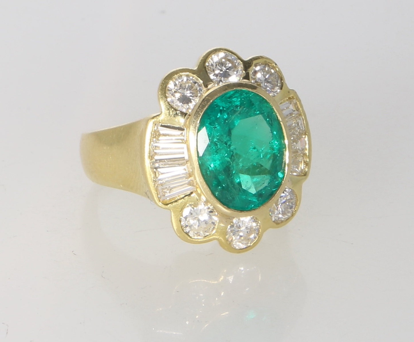 3ct Oval Emerald Diamond Baguette Cocktail Ring — GIA Certified, 18k Yellow Gold