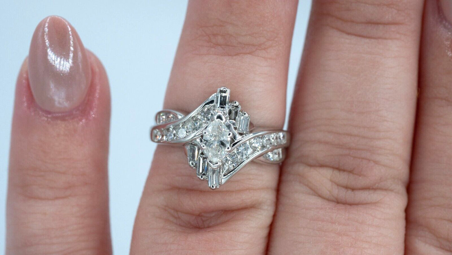 0.99ct Marquise Diamond Bypass Engagement Ring — GIA Certified, 14k White Gold