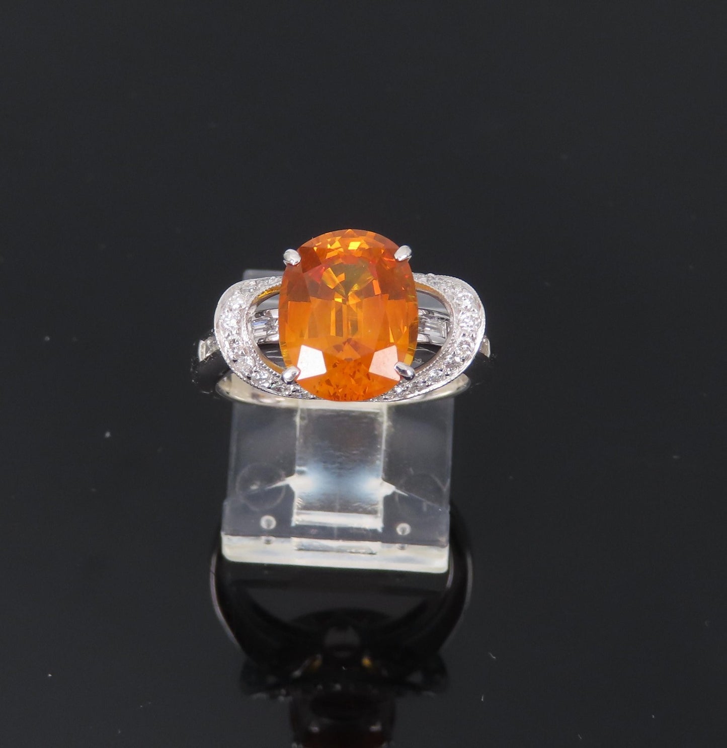 4.49ct Cushion Cut Vivid Orange Sapphire & 0.51ct Diamond Ring — GIA Certified, Platinum