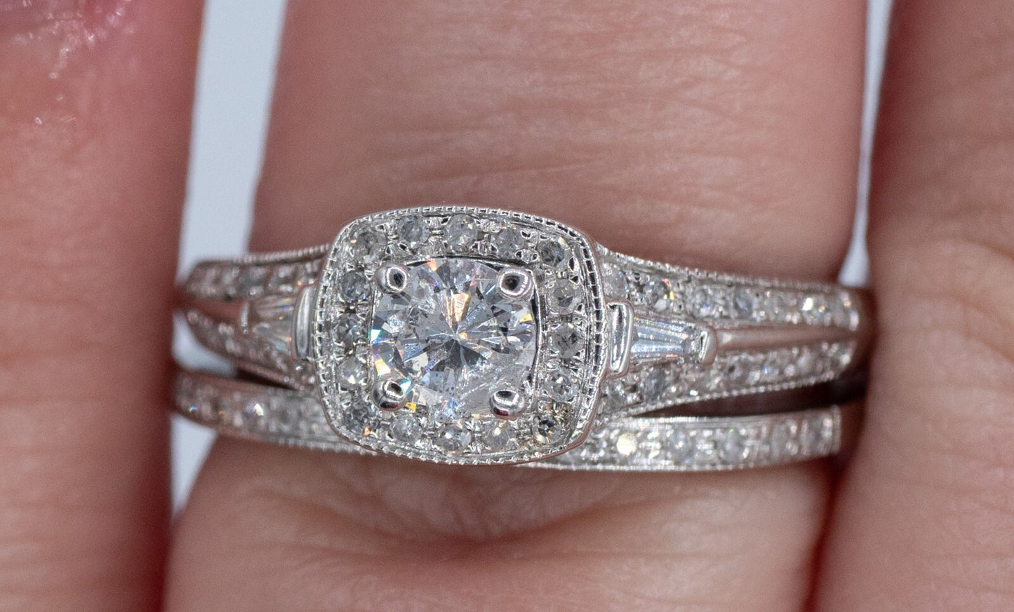 0.58ct Round Brilliant Diamond Milgrain Wedding Set — GIA Certified, 14k White Gold
