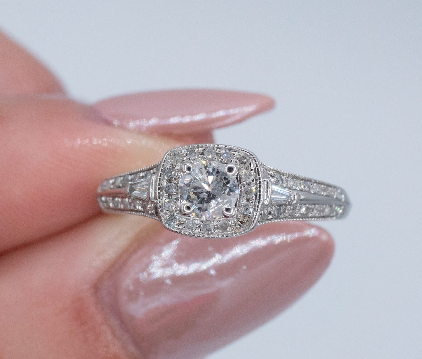 0.58ct Round Brilliant Diamond Milgrain Wedding Set — GIA Certified, 14k White Gold