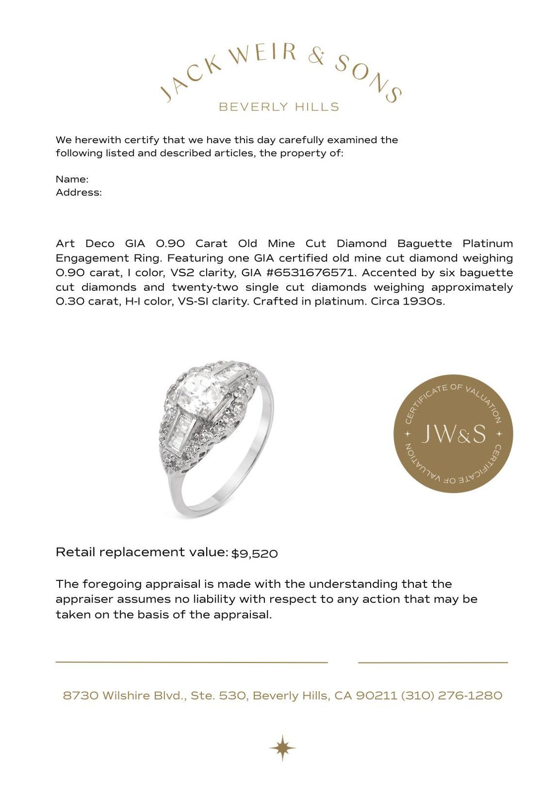 0.90ct Old Mine Cut Diamond Art Deco Ring — GIA Certified, Platinum