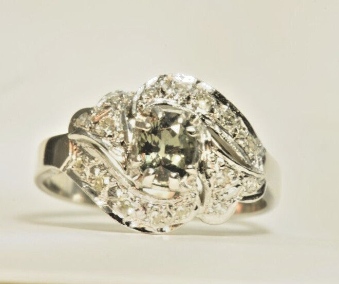 0.76ct Oval Alexandrite Vintage Diamond Ring — GIA Certified, 10k White Gold