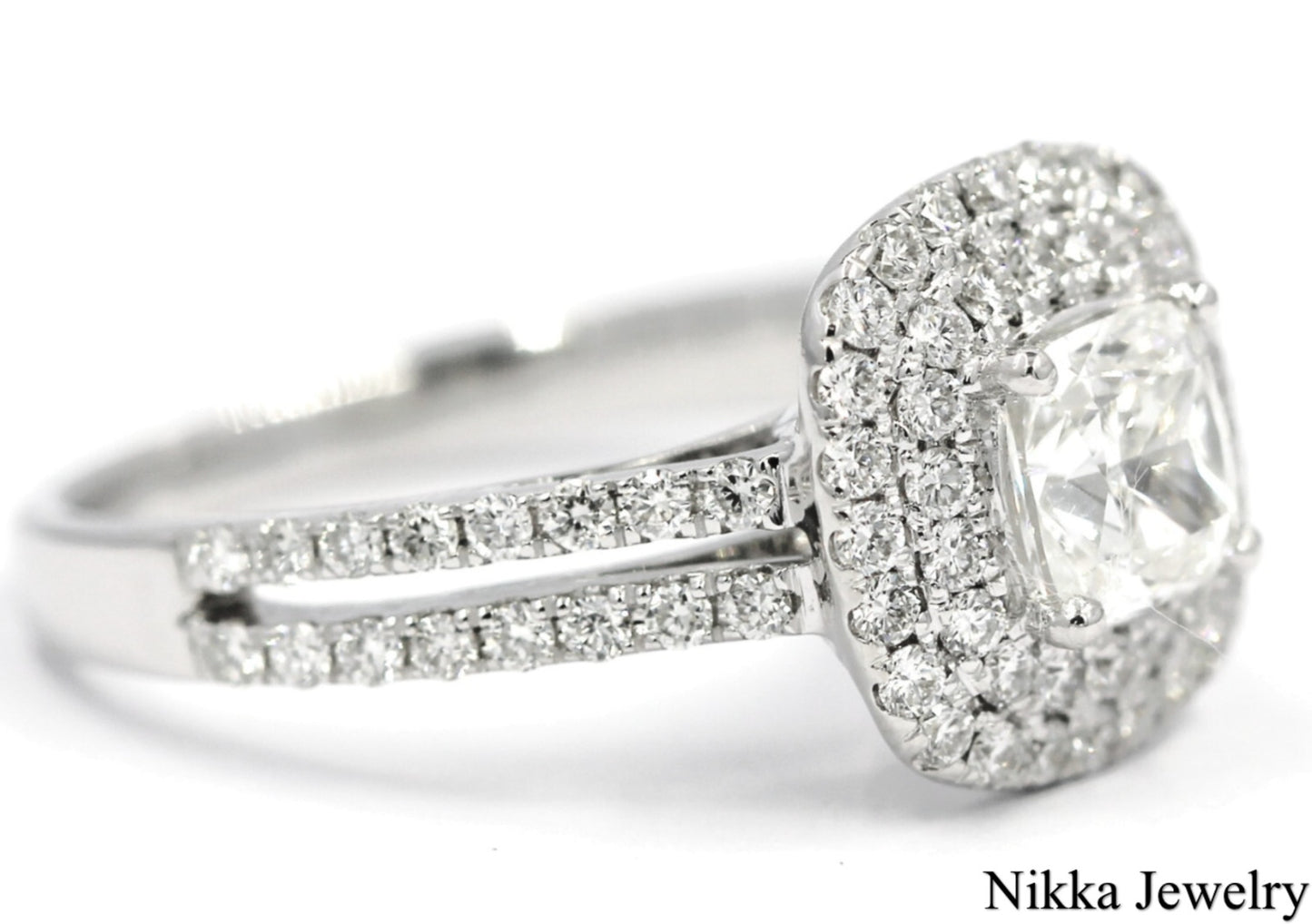 1.00ct Cushion Diamond Halo Engagement Ring — GIA Certified, 18k White Gold