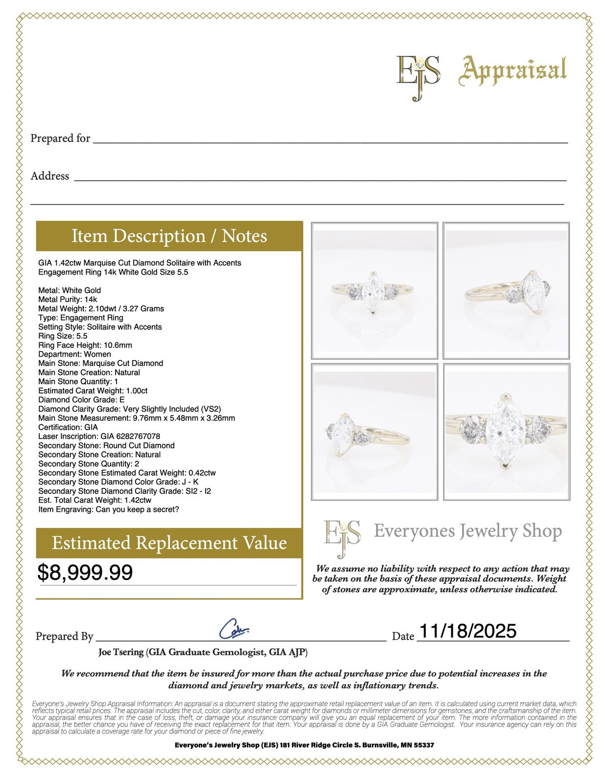1.42ct Marquise Diamond Solitaire with Accents Ring — GIA Certified, 14k White Gold