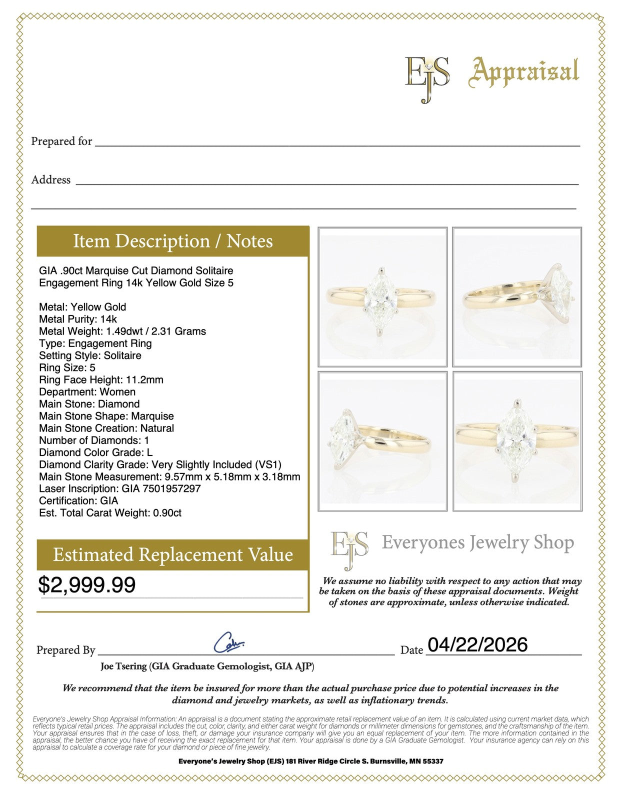 0.90ct Marquise Diamond Engagement Ring — GIA Certified, 14k Two-Tone Gold