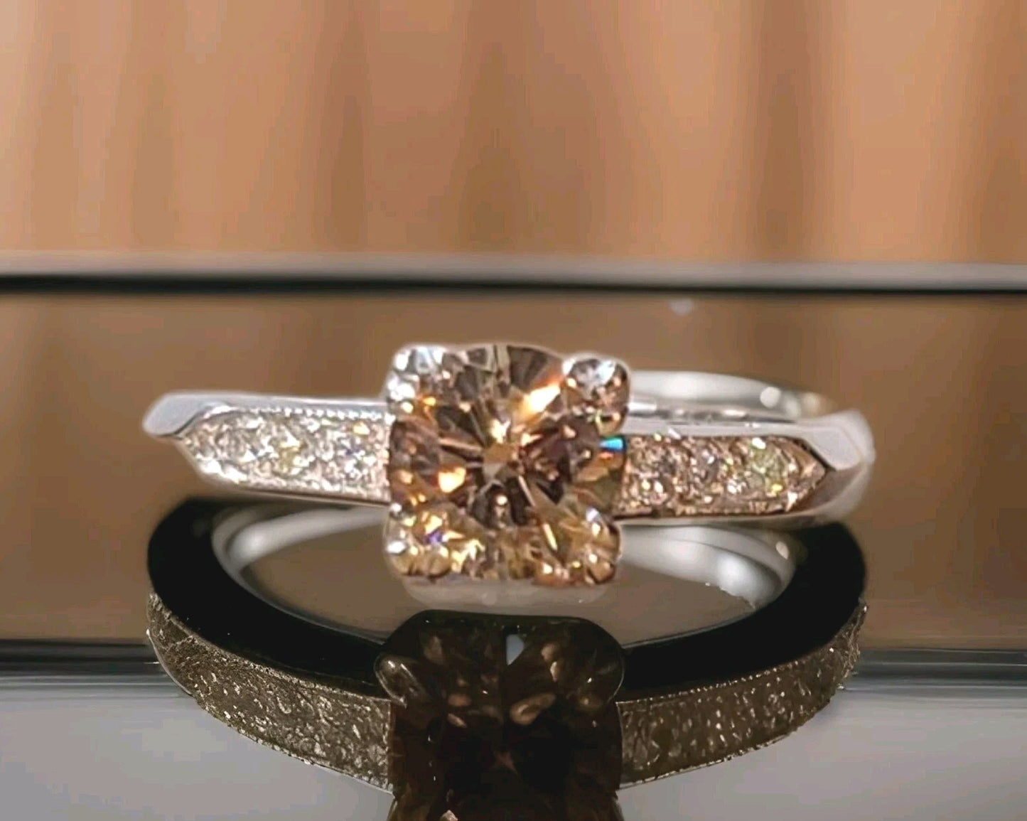0.71ct Round Brilliant Champagne Diamond Vintage Ring — GIA Certified, Platinum