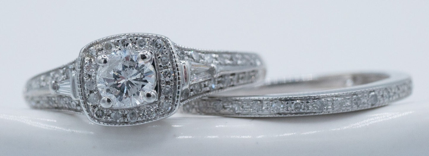 0.58ct Round Brilliant Diamond Milgrain Wedding Set — GIA Certified, 14k White Gold