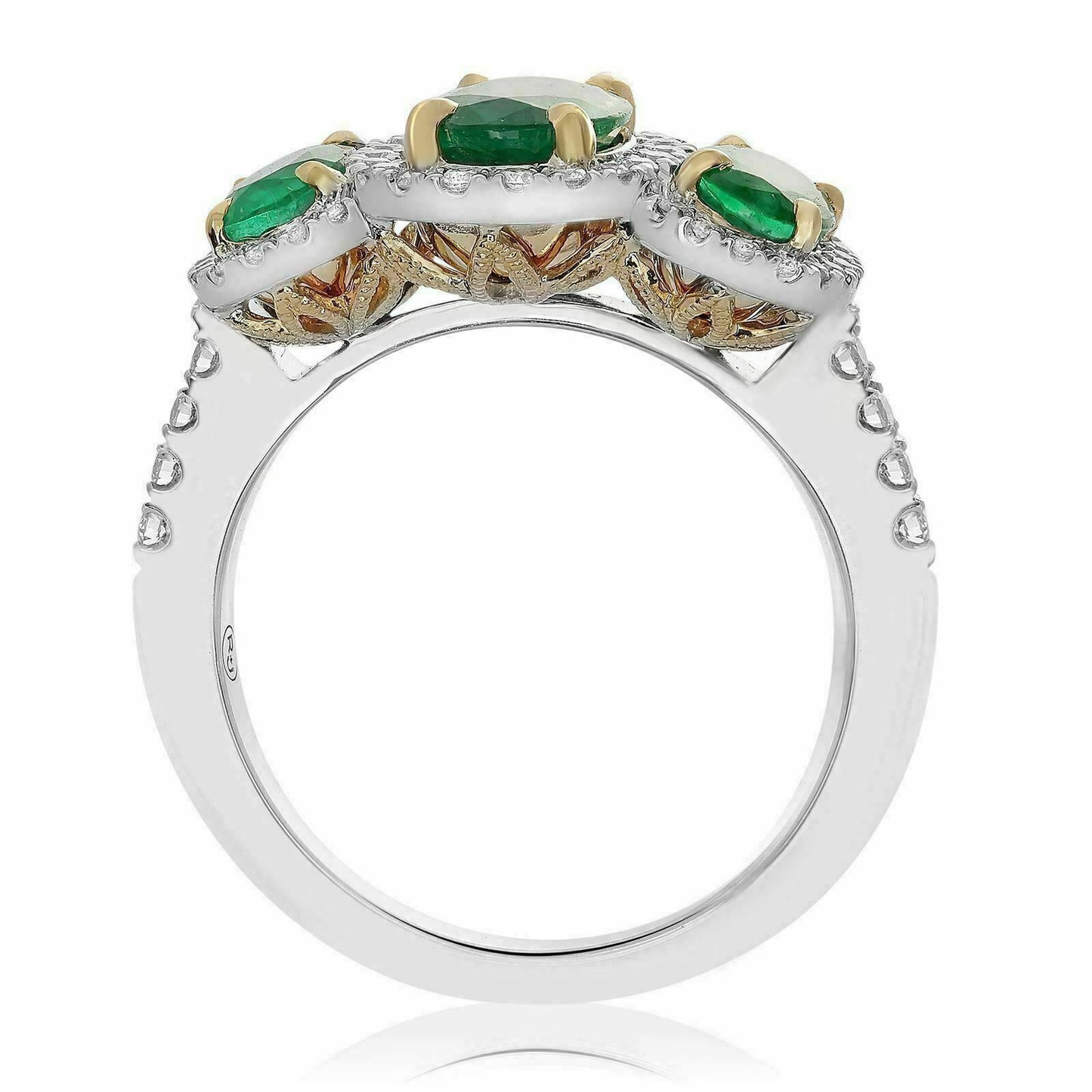 2.36ct Oval Diamond & Emerald Three Stone Halo Ring — GIA Certified, 18k Two-Tone Gold