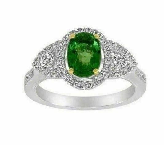 2.42ct Oval Diamond & Emerald Three Stone Halo Ring — GIA Certified, 14k Two-Tone Gold