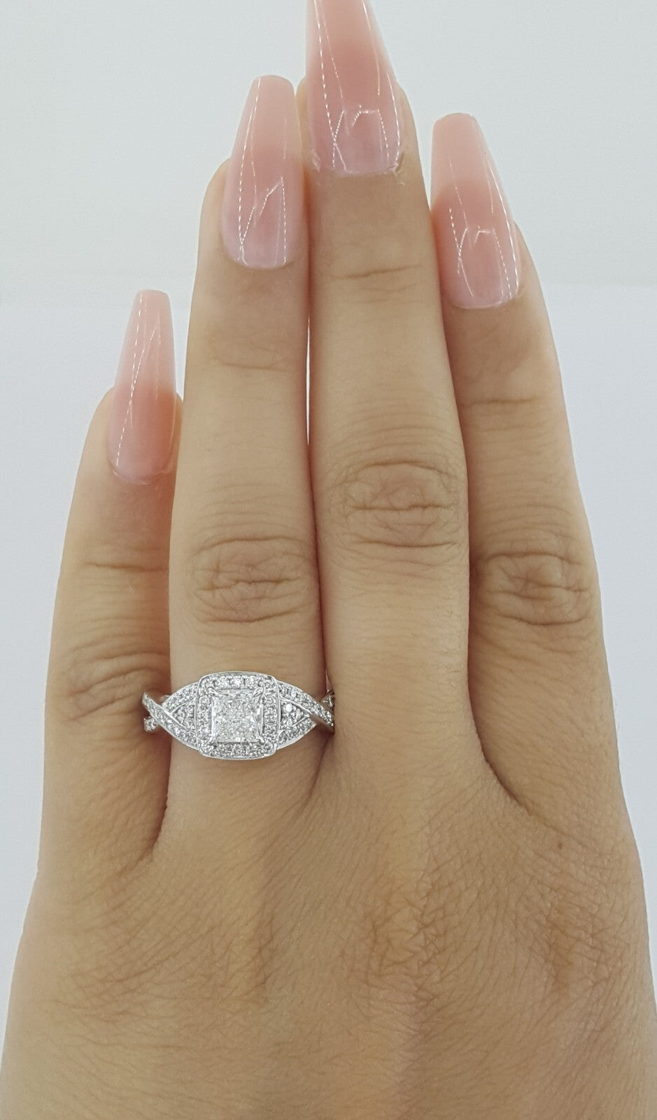 0.70ct Square Modified Brilliant Diamond Crossover Halo Ring — GIA Certified, 14k White Gold