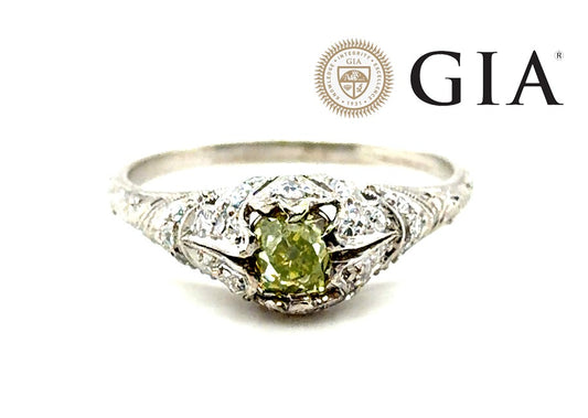 0.57ct Cushion Modified Brilliant Fancy Greenish Yellow Diamond Art Deco Ring — GIA Certified, Platinum