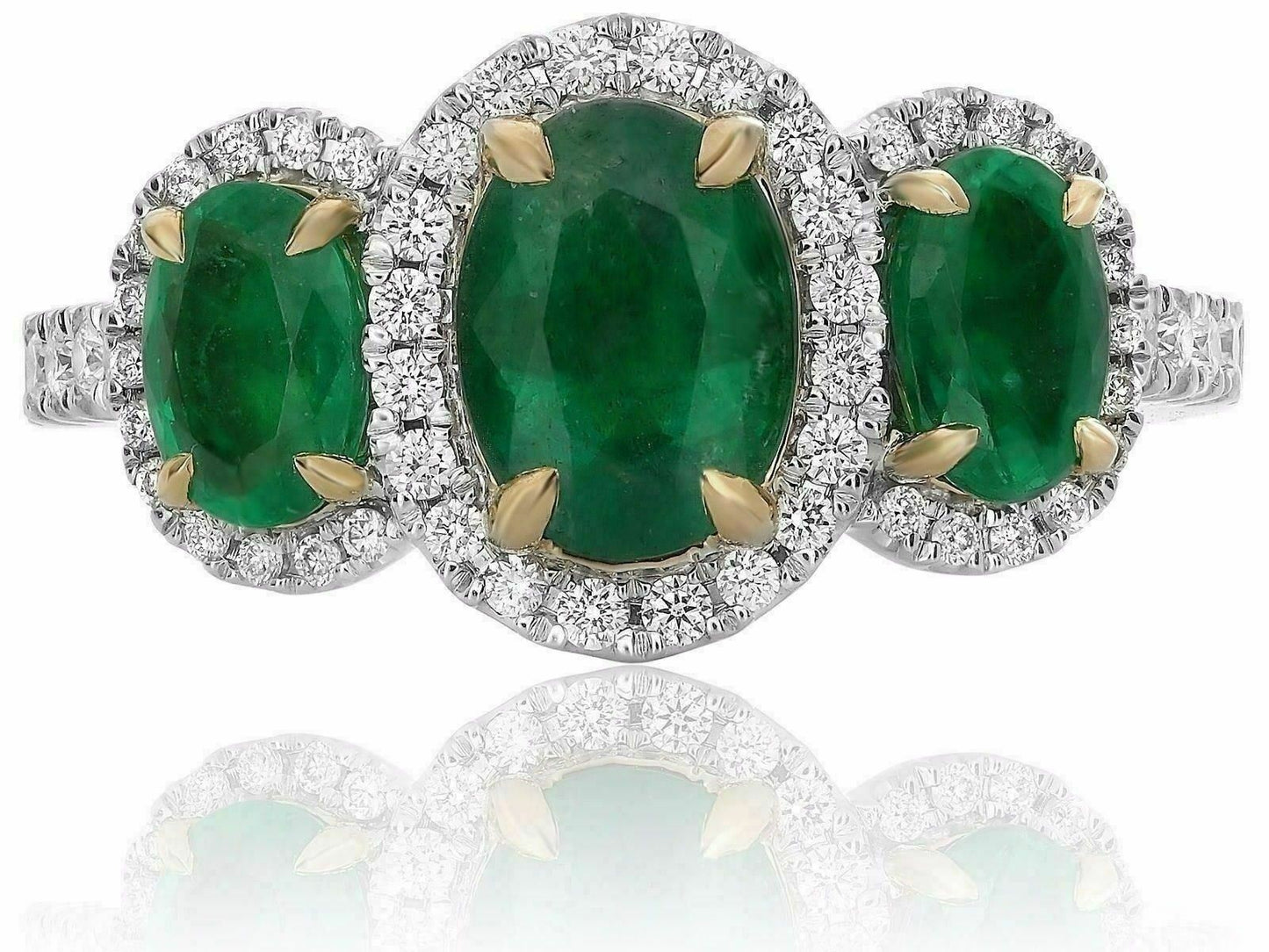 2.36ct Oval Diamond & Emerald Three Stone Halo Ring — GIA Certified, 18k Two-Tone Gold