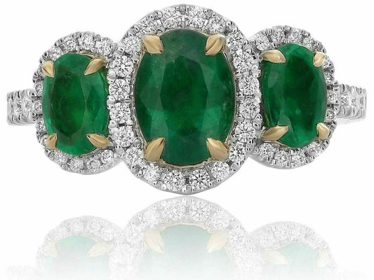 2.36ct Oval Diamond & Emerald Three Stone Halo Ring — GIA Certified, 18k Two-Tone Gold
