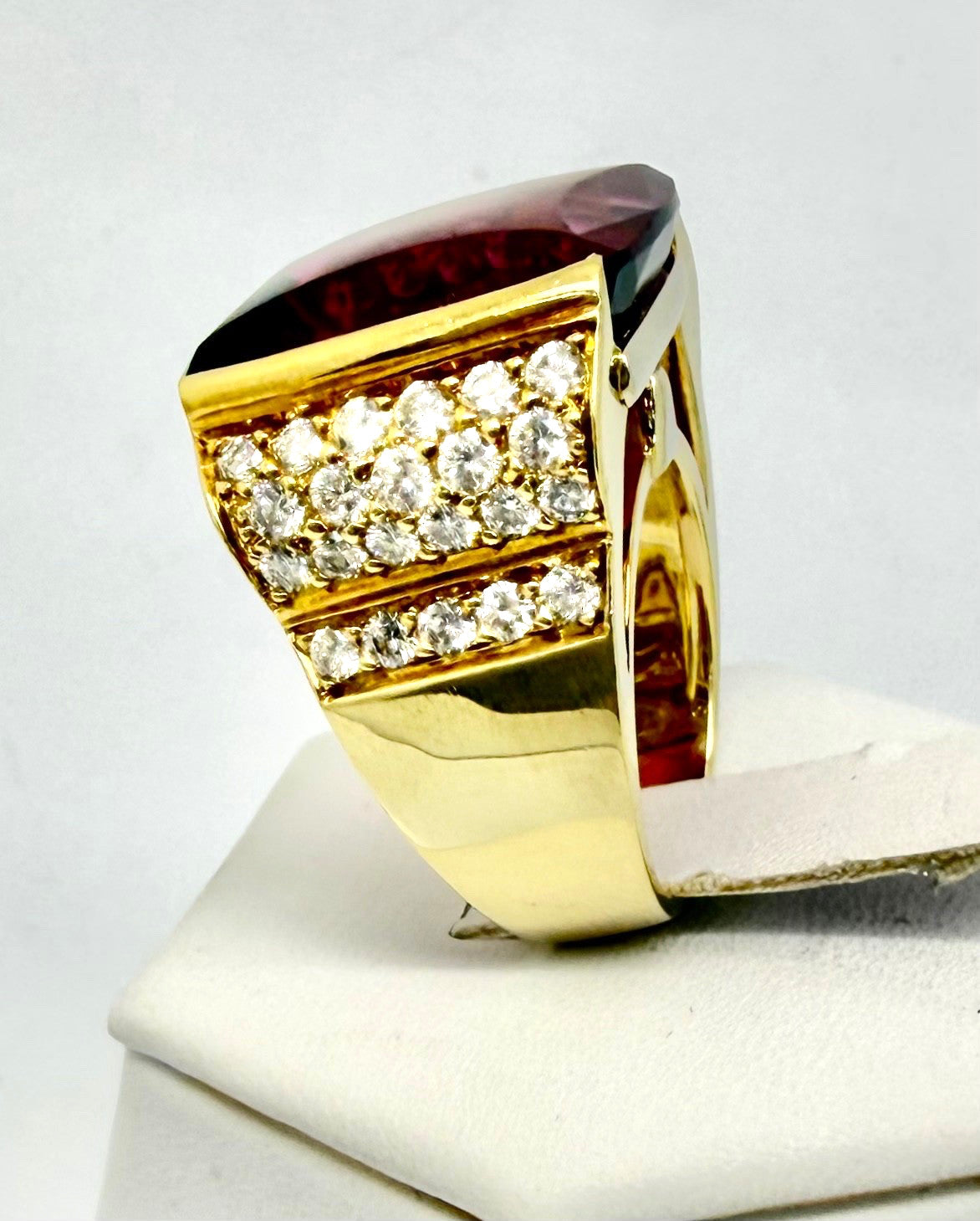 20ct Cushion Rubelite Tourmaline & Diamond Ring — GIA Certified, 18k Yellow Gold