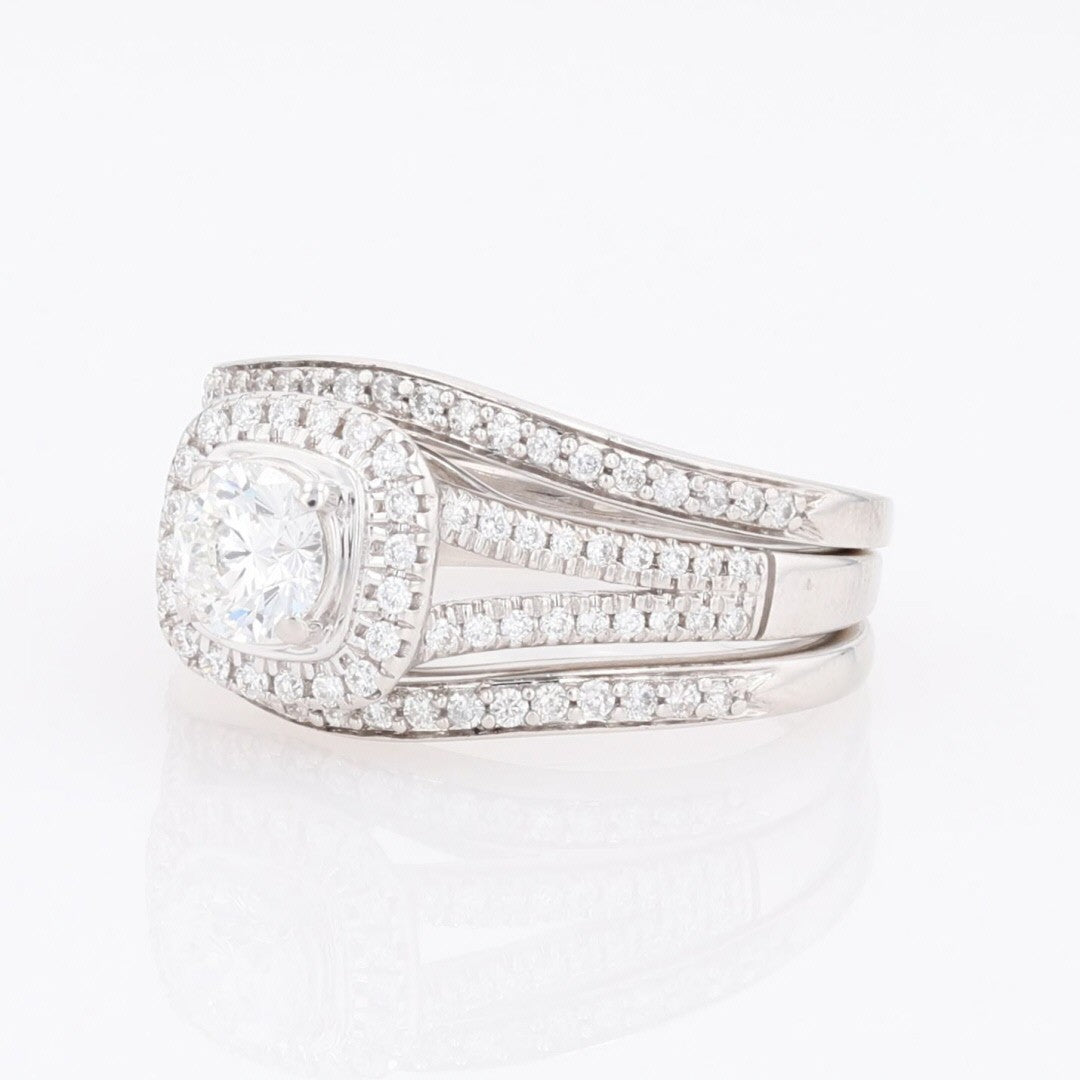 0.87ct Round Brilliant Diamond Halo Wedding Set — GIA Certified, 14k White Gold