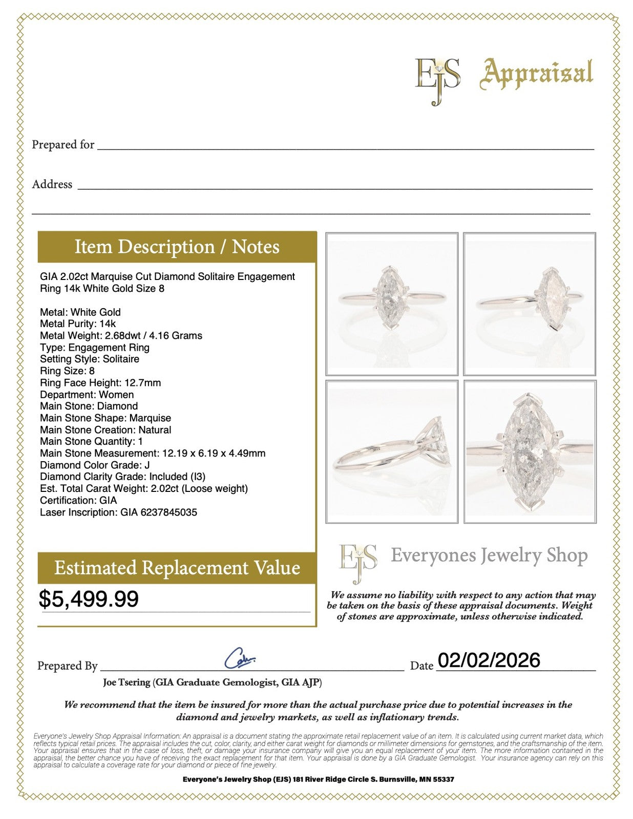 2.02ct Marquise Diamond Solitaire Ring — GIA Certified, 14k White Gold