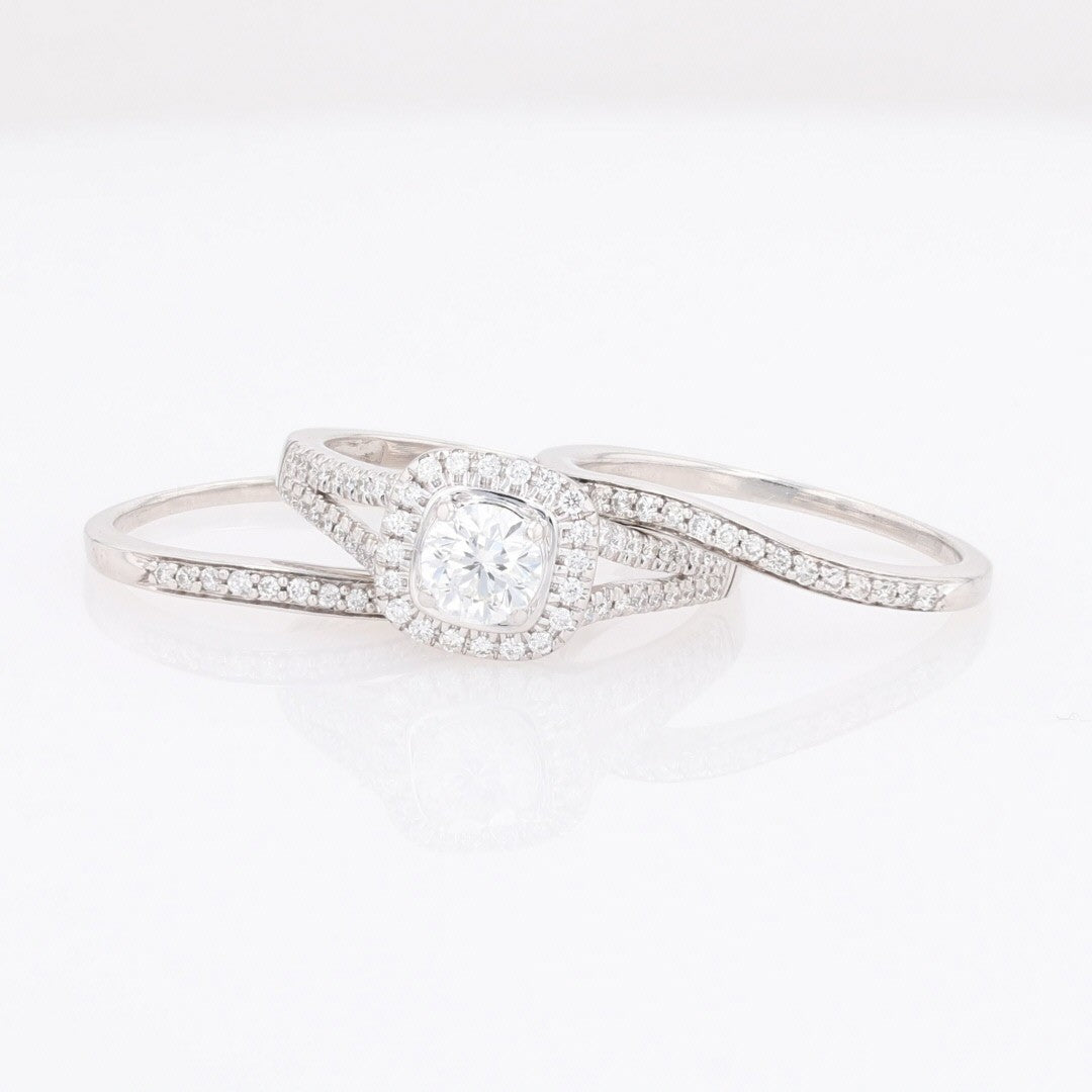 0.87ct Round Brilliant Diamond Halo Wedding Set — GIA Certified, 14k White Gold