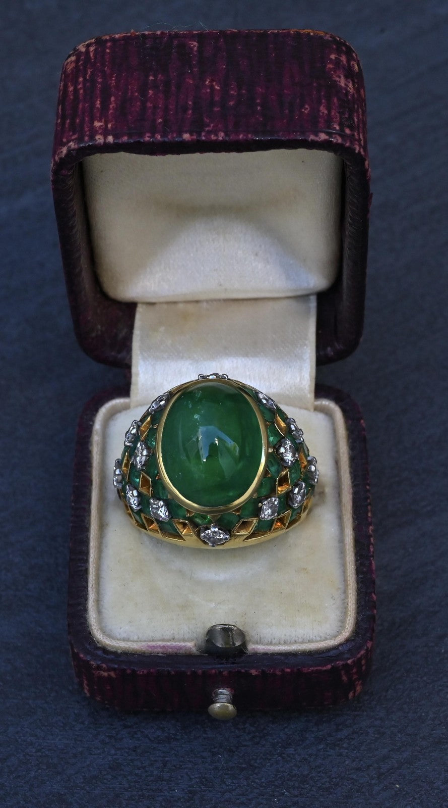 7.12ct Oval Emerald Cabochon Diamond Ring — GIA Certified, 18K Yellow Gold