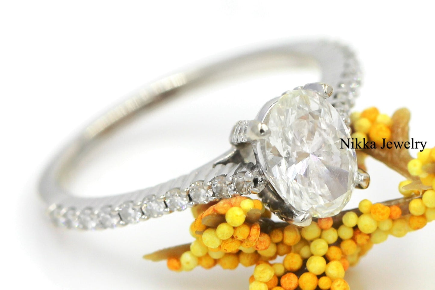 1.00ct Oval Brilliant Diamond Half Eternity Engagement Ring — GIA Certified, 14k Gold
