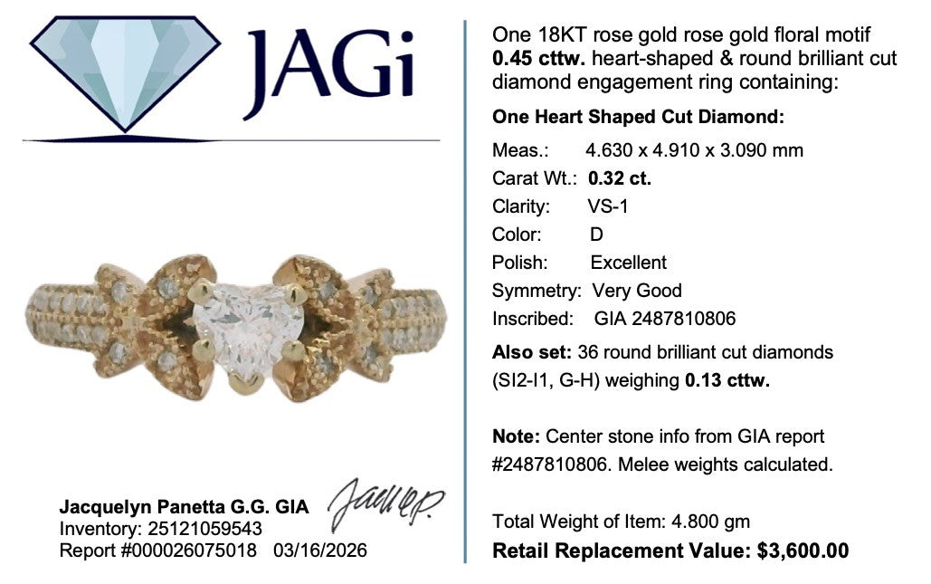 0.45ct Heart Diamond Engagement Ring with Accents — GIA Certified, 18k Rose Gold