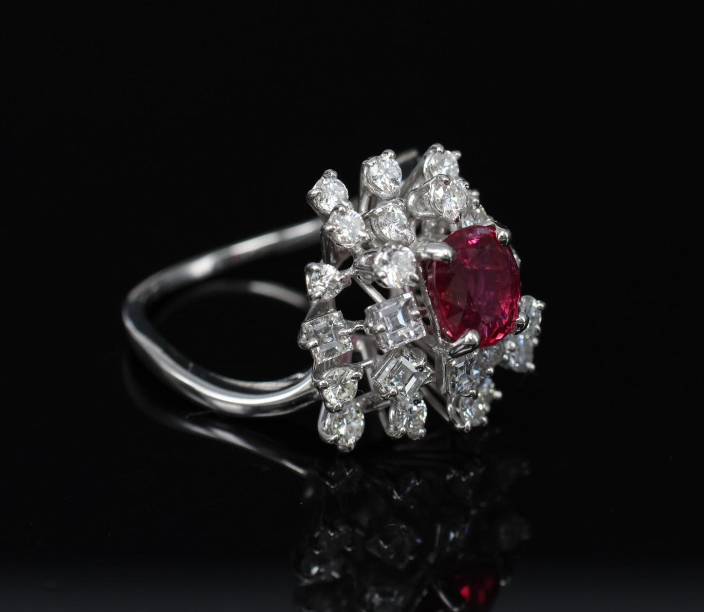 1.67ct Cushion Ruby & 1.50ct Diamond Cocktail Ring — GIA Certified, 18k White Gold