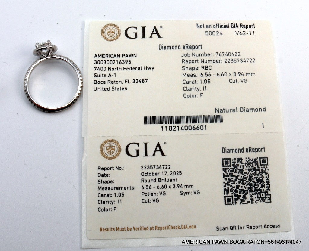 1.05ct Round Brilliant Diamond Halo Engagement Ring — GIA Certified, 18k White Gold