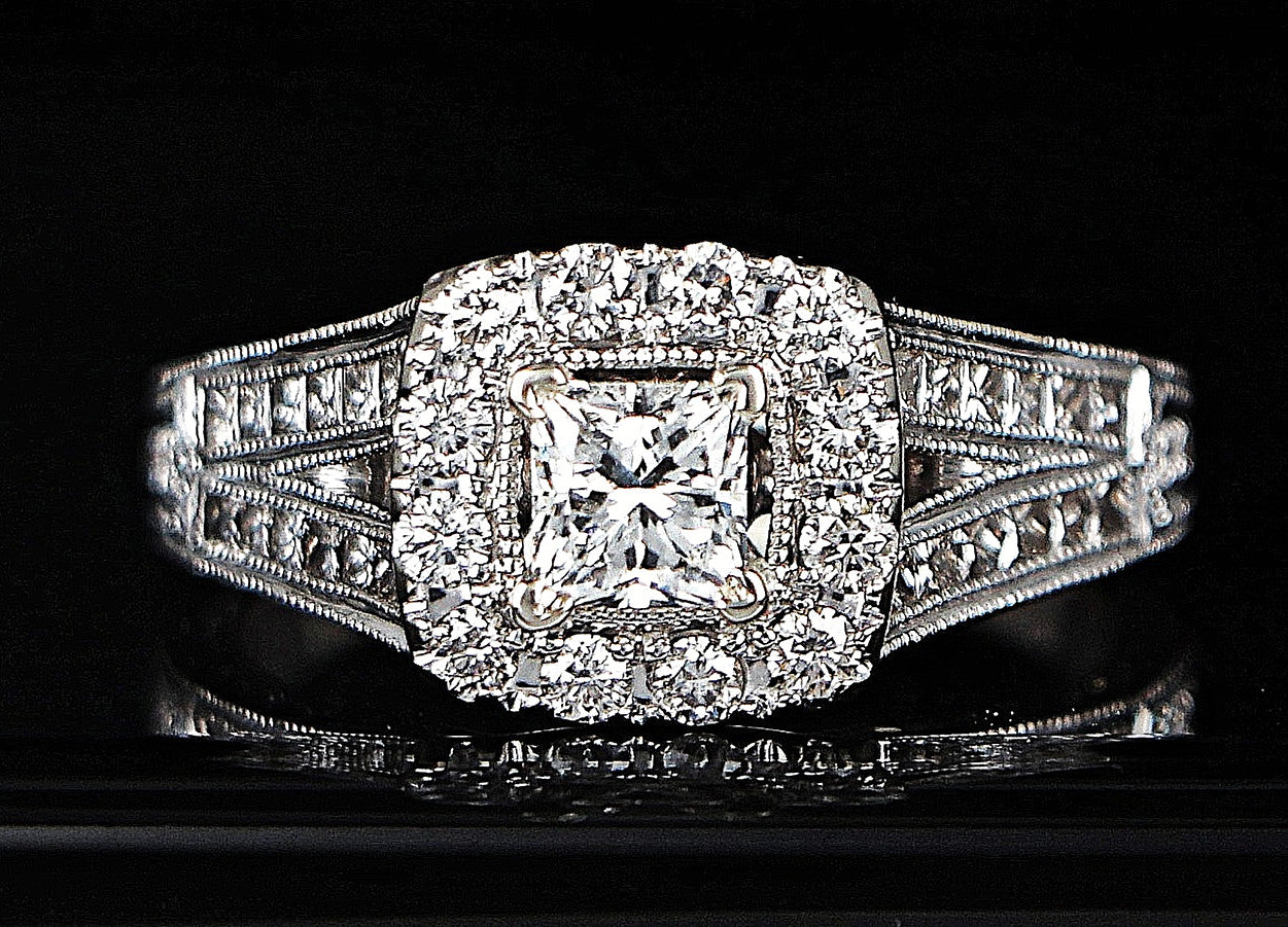 0.70ct Princess Cut Diamond Halo Engagement Ring — GIA Certified, 14k White Gold