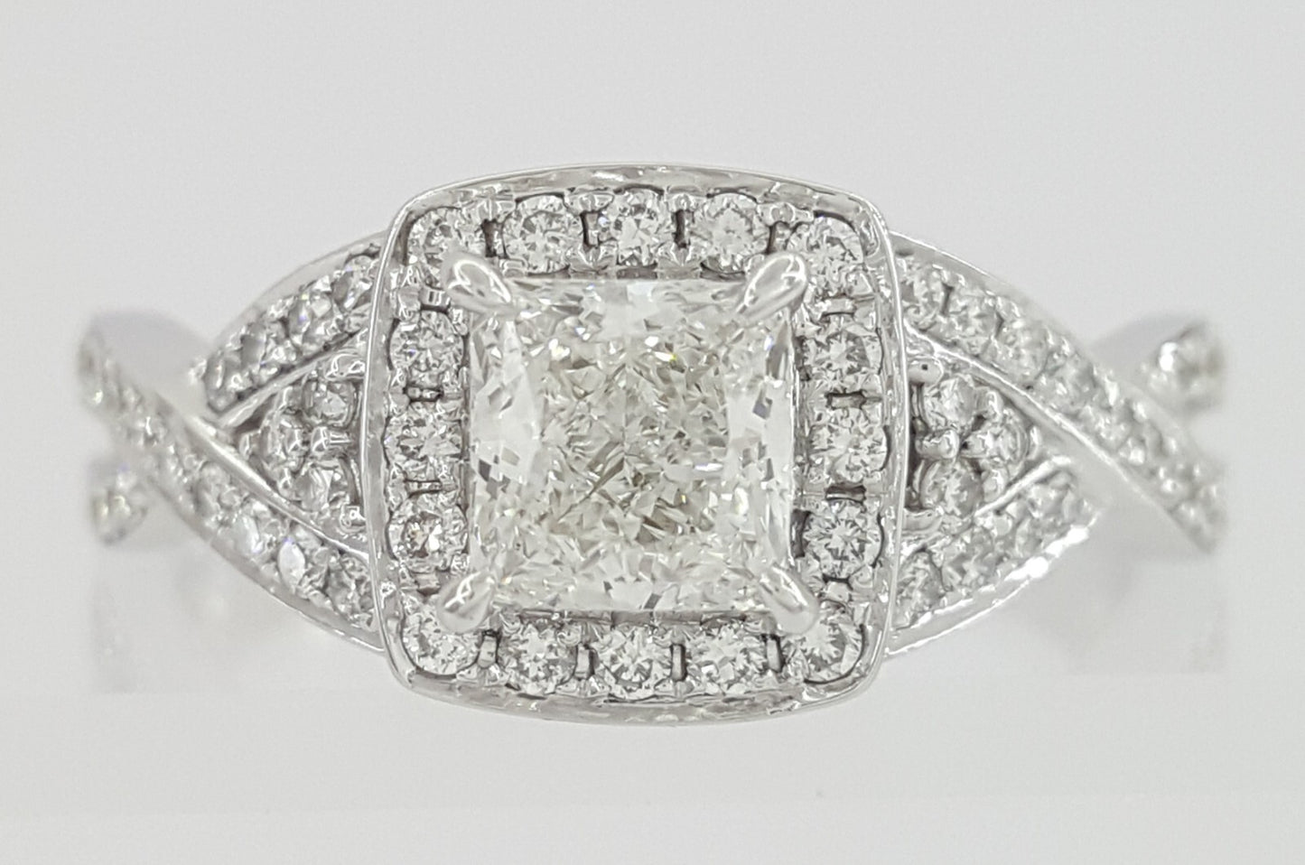 0.70ct Square Modified Brilliant Diamond Crossover Halo Ring — GIA Certified, 14k White Gold
