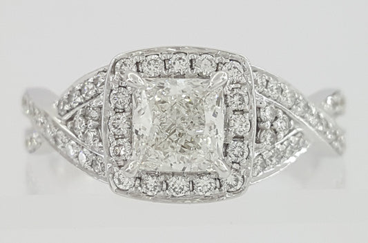 0.70ct Square Modified Brilliant Diamond Crossover Halo Ring — GIA Certified, 14k White Gold
