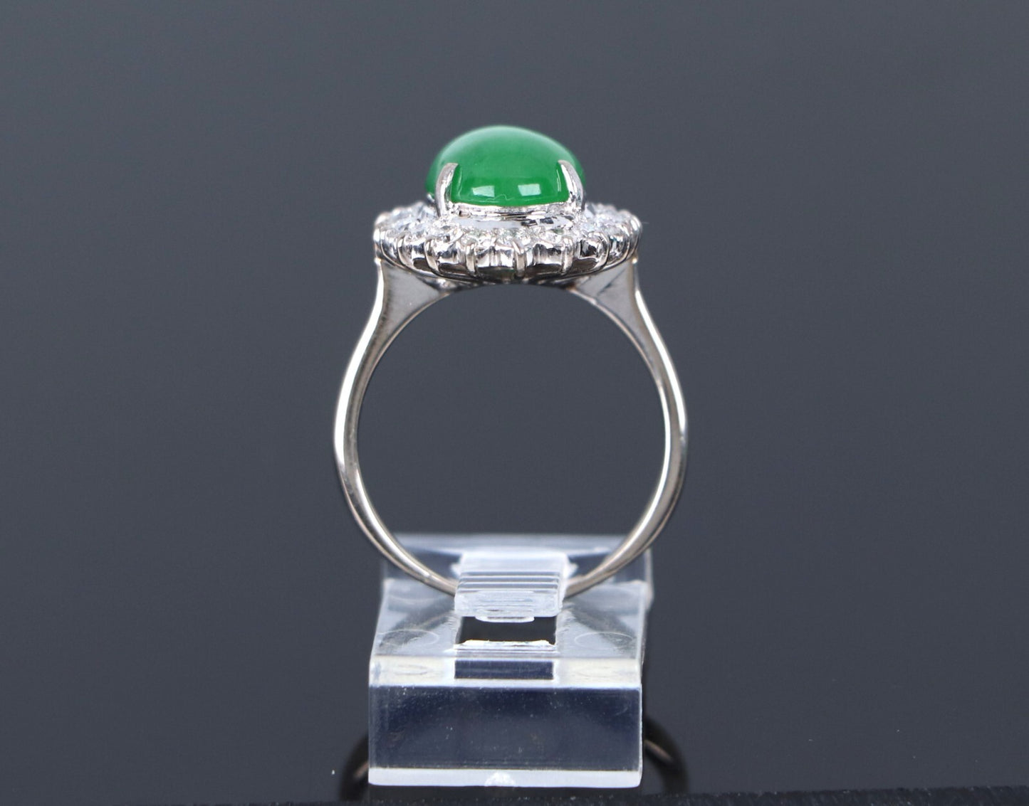 Natural Green Jade Jadeite Diamond Halo Cocktail Ring — GIA Certified, 16k White Gold