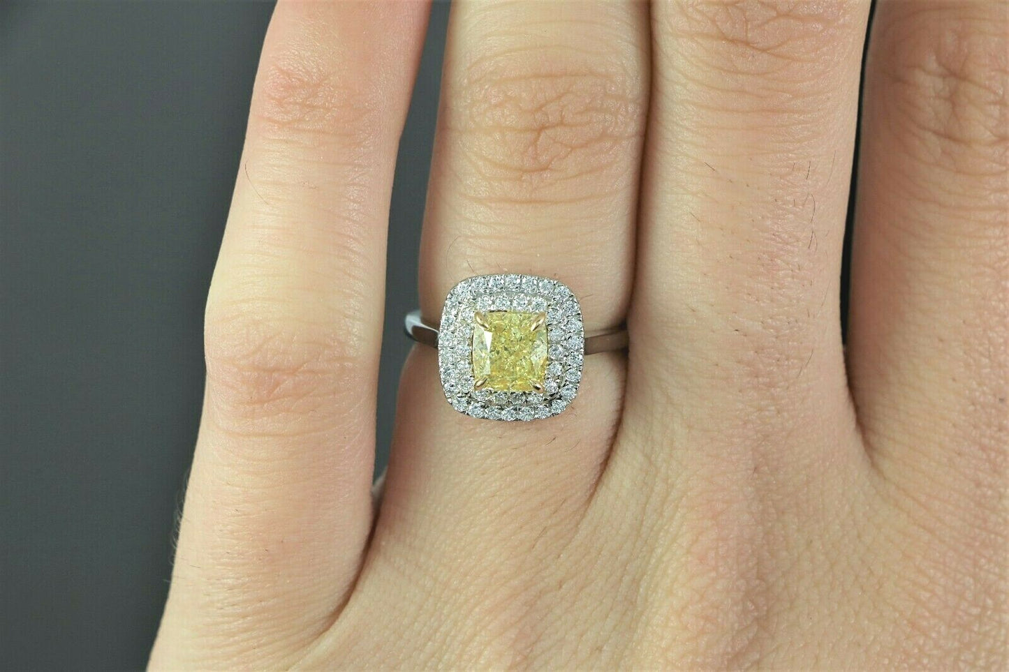 1.23ct Cushion Modified Brilliant Fancy Intense Yellow Diamond Engagement Ring — GIA Certified, Platinum & 18K Gold