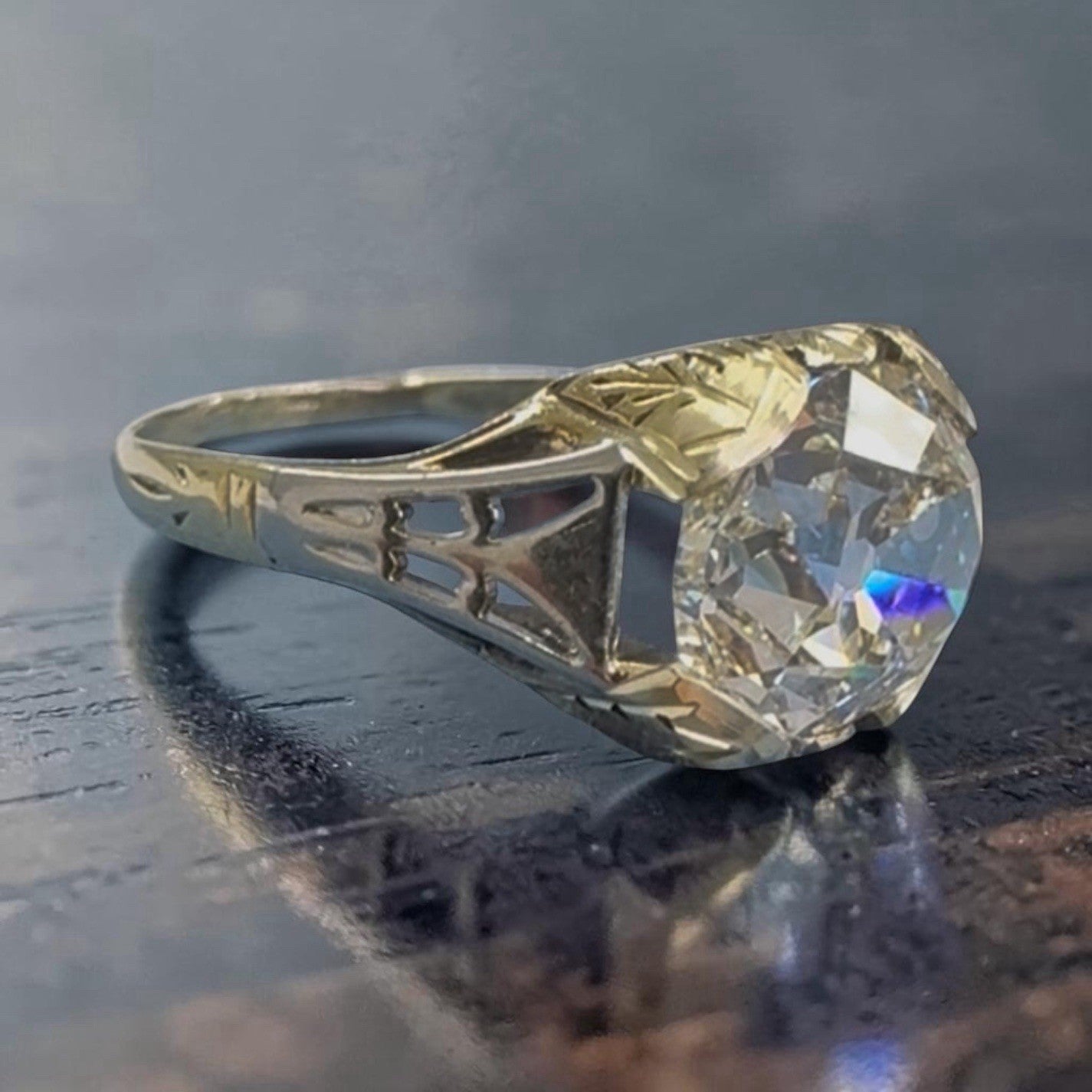 3.02ct Old Mine Cut Diamond Solitaire Ring — GIA Certified, Multi-Tone Gold