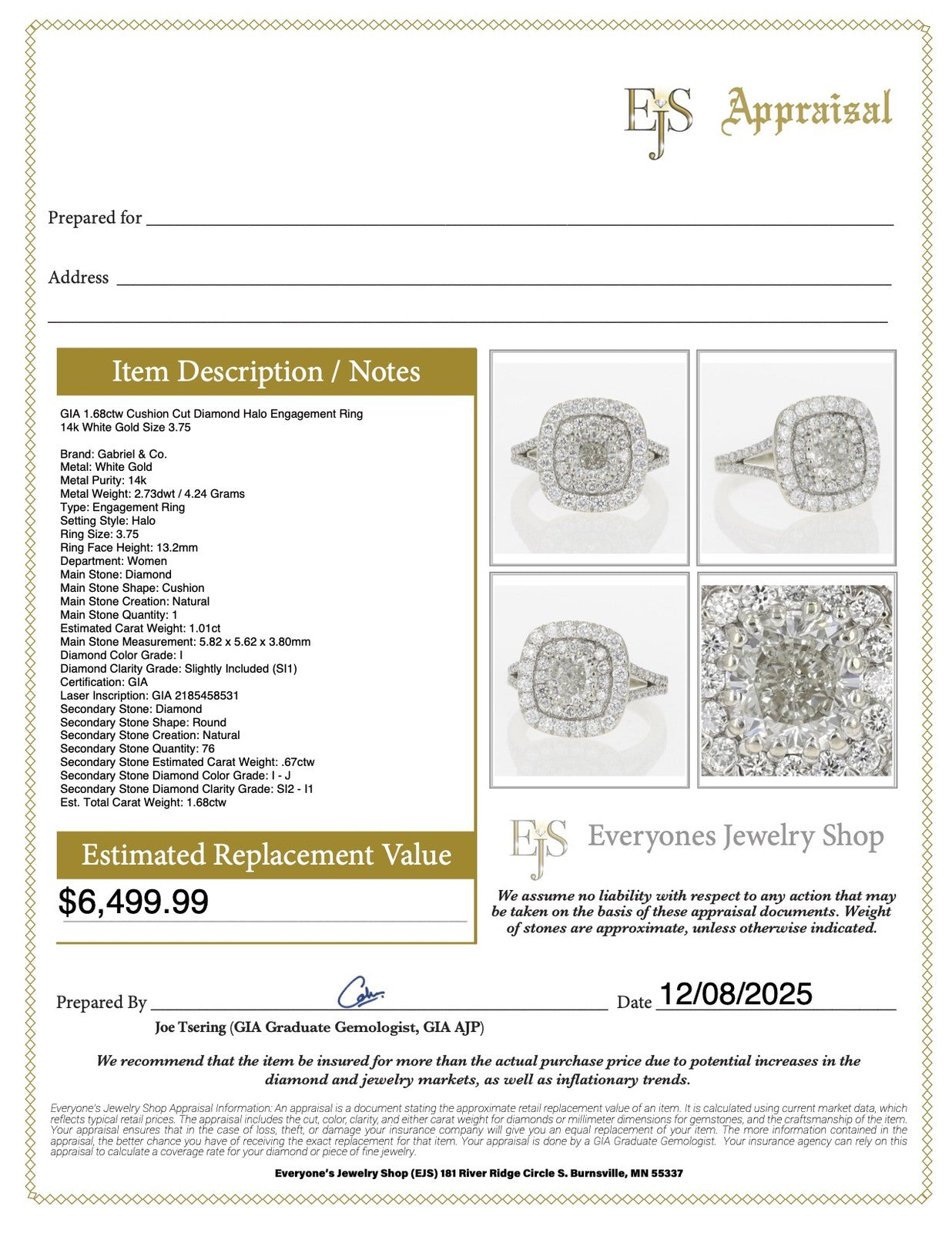 1.68ct Cushion Diamond Halo Engagement Ring — GIA Certified, 14k White Gold
