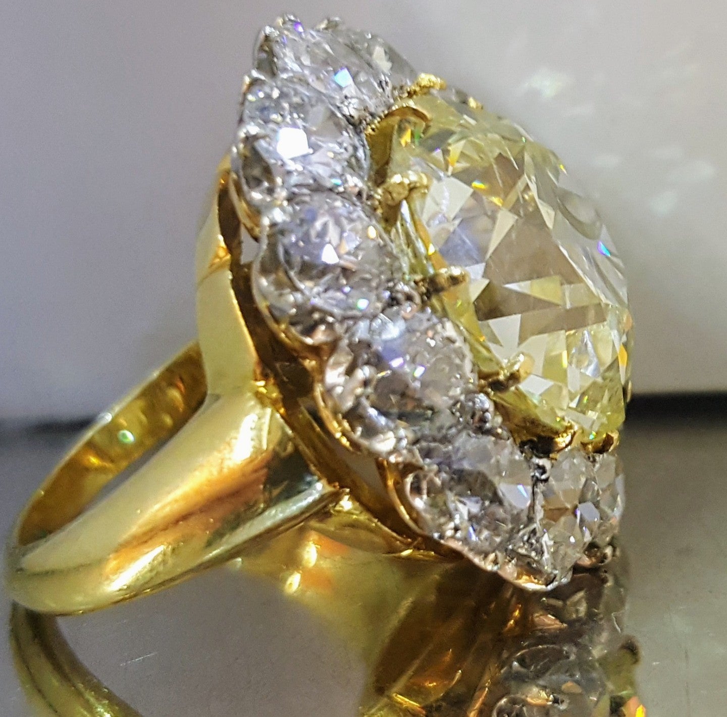 15.01ct Fancy Yellow Old European Brilliant Diamond Ring — GIA Certified, Platinum & 18k Yellow Gold