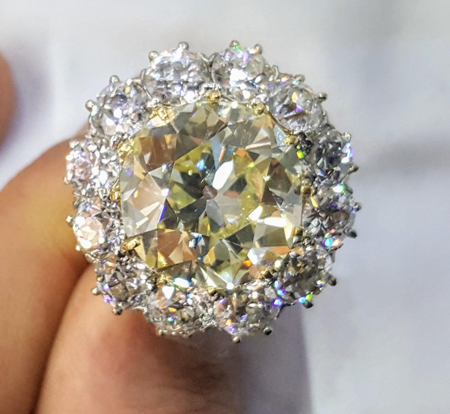 15.01ct Fancy Yellow Old European Brilliant Diamond Ring — GIA Certified, Platinum & 18k Yellow Gold