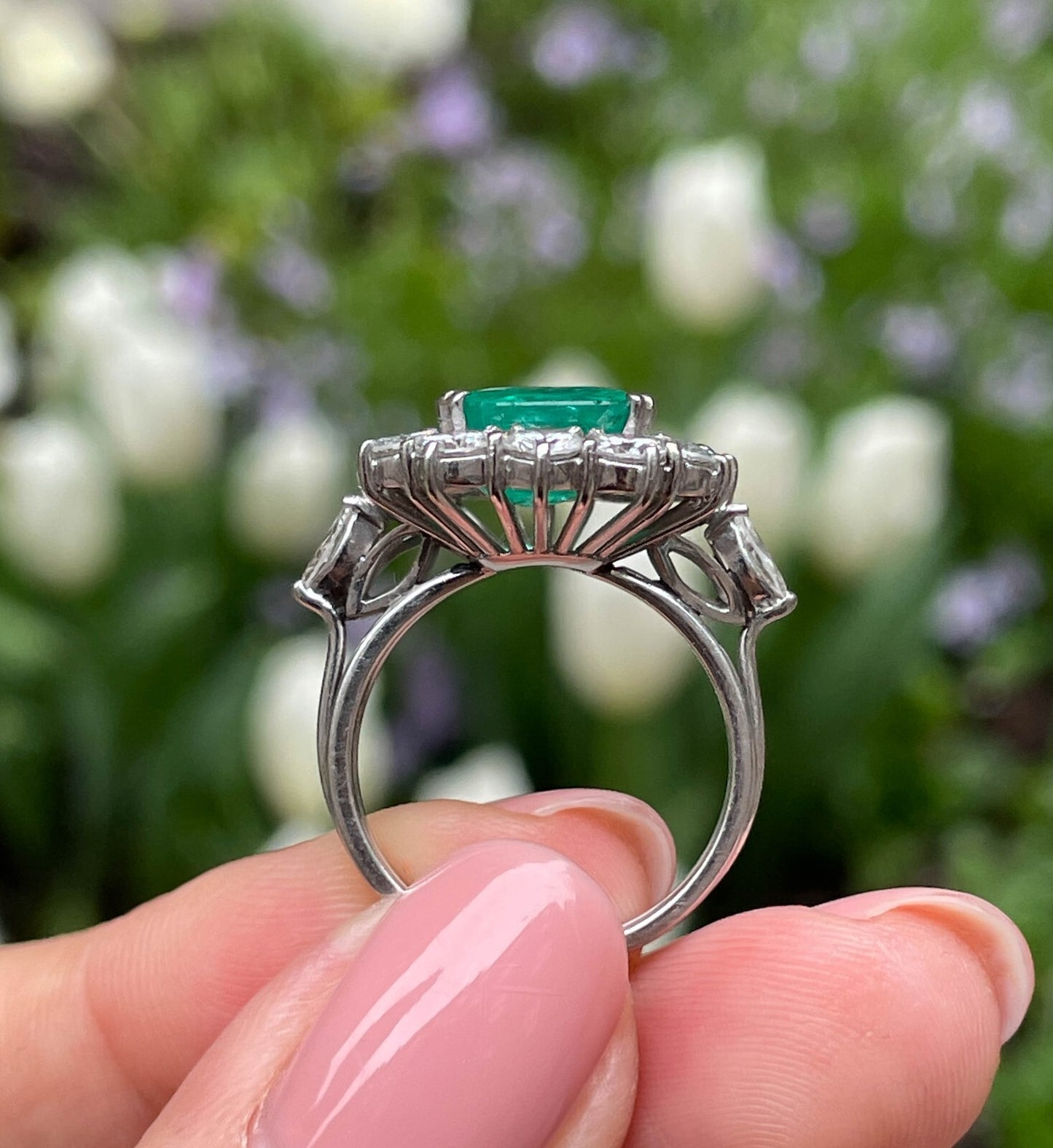3.65ct Colombian Green Emerald Diamond Cluster Ring — GIA Certified, 18k White Gold