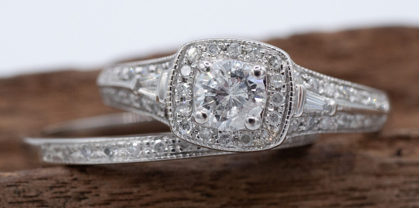 0.58ct Round Brilliant Diamond Milgrain Wedding Set — GIA Certified, 14k White Gold