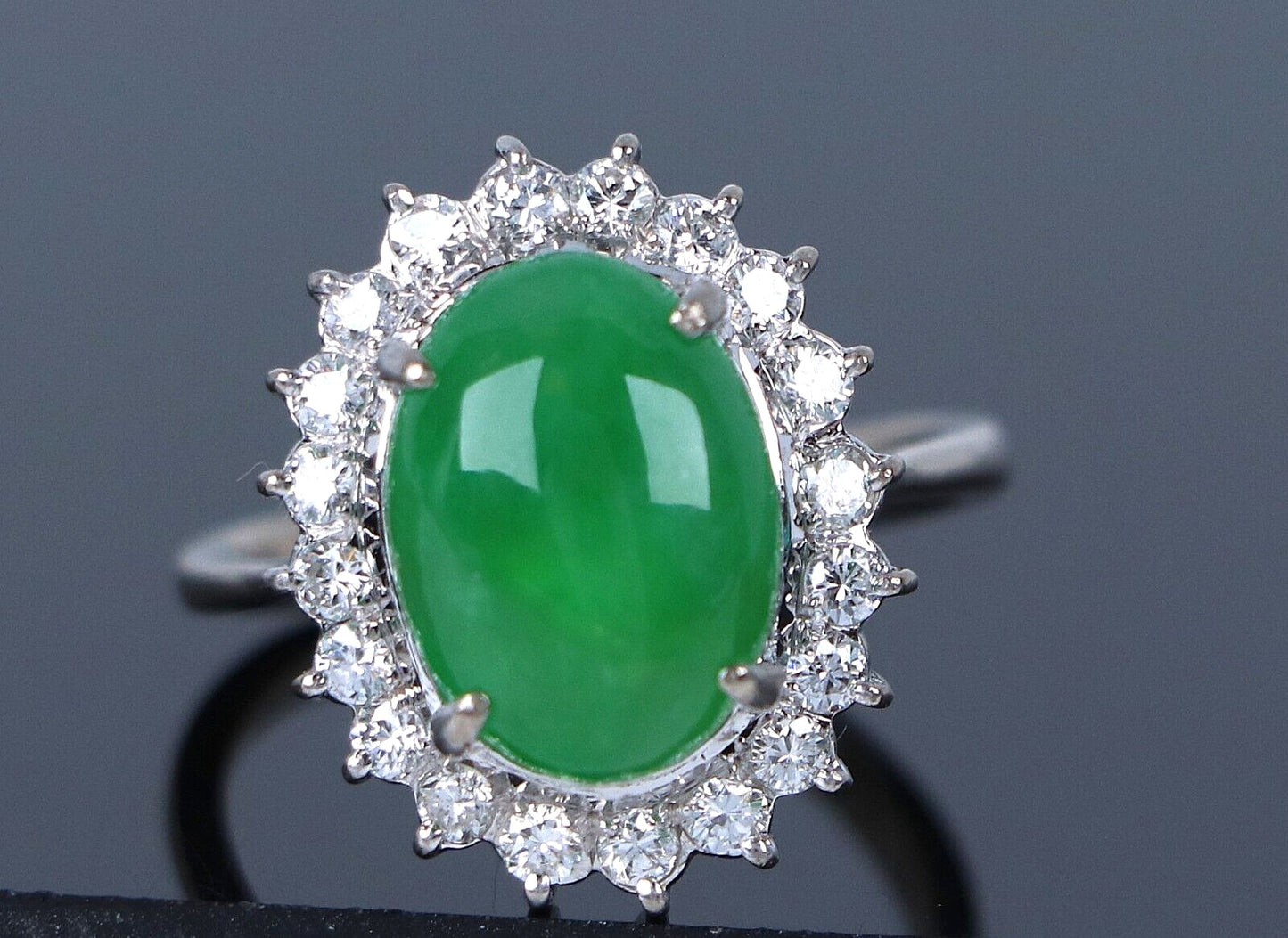 Natural Green Jade Jadeite Diamond Halo Cocktail Ring — GIA Certified, 16k White Gold
