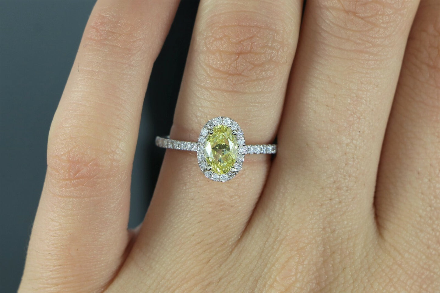 1.00ct Oval Fancy Intense Yellow Diamond Halo Engagement Ring — GIA Certified, 14k White Gold