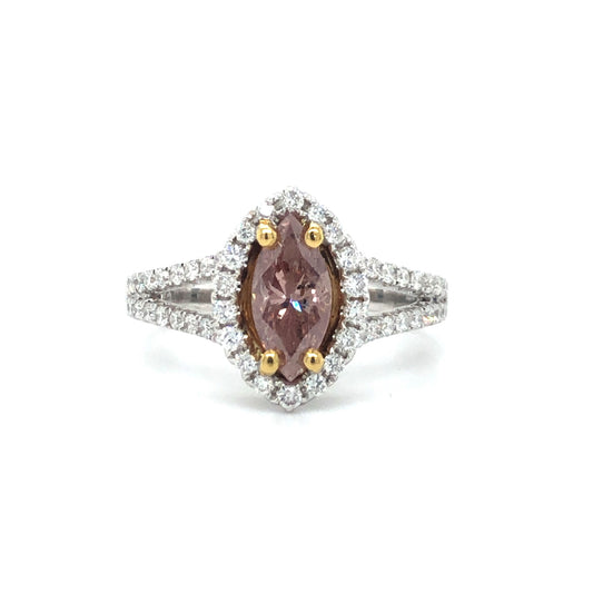 1.02ct Marquise Diamond Halo Engagement Ring — GIA Certified, 18k Two-Tone Gold