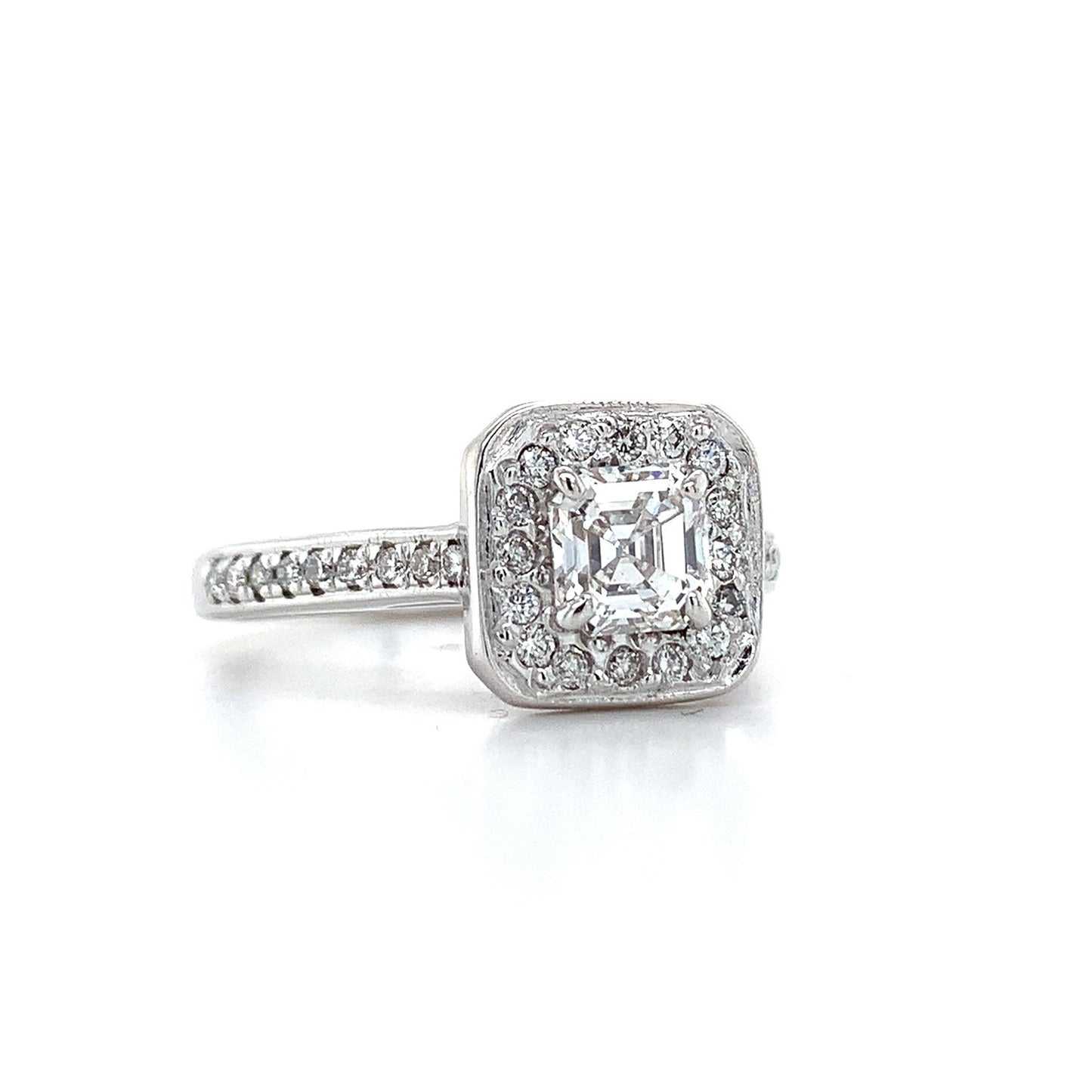 0.83ct Asscher Diamond Square Halo Statement Ring — GIA Certified, 14k White Gold