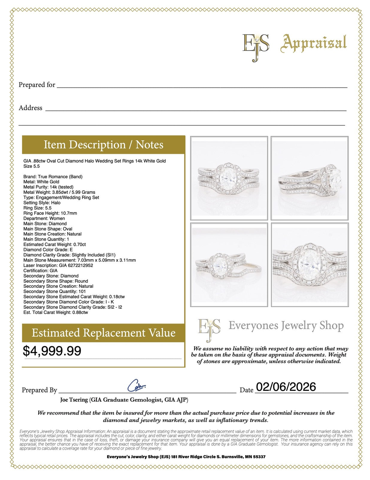 0.88ct Oval Diamond Halo Wedding Set — GIA Certified, 14k White Gold