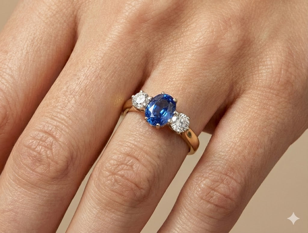 0.99ct Oval Sapphire Three Stone Engagement Ring — GIA Certified, 18k Gold