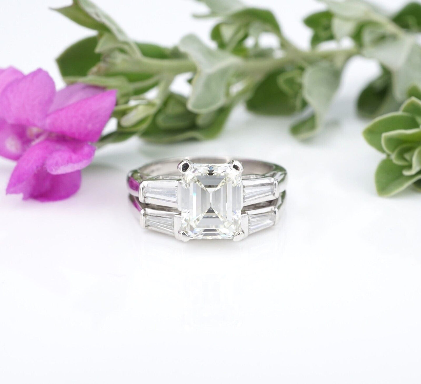 2.08ct Emerald Cut Diamond 3-Stone Engagement Ring & Band — GIA Certified, Platinum